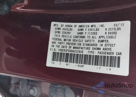 2013 Honda Accord Touring from USA, damaged, VIN 1HGCR3F9XDA032806